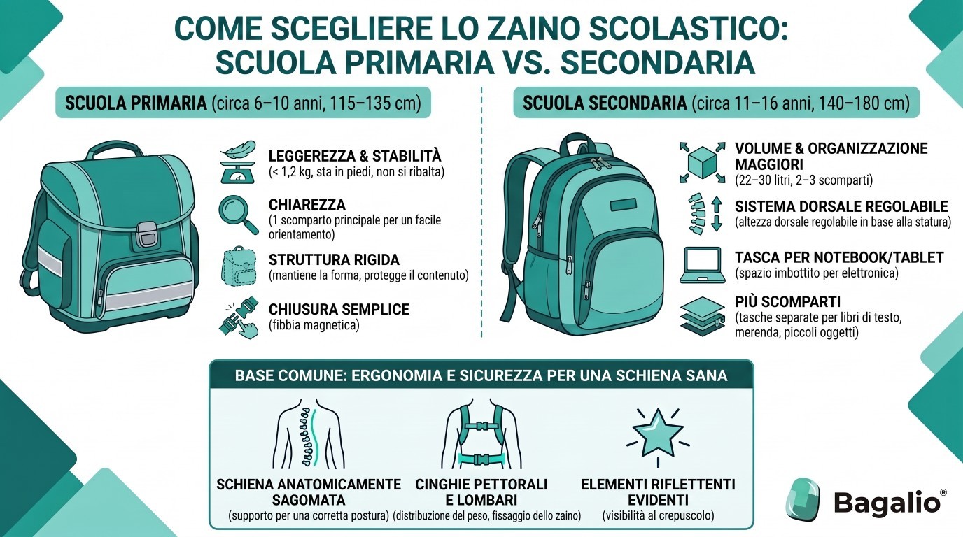 Infografica: Confronto tra zaini scolastici per scuole primarie e secondarie per ergonomia, volume e funzioni.