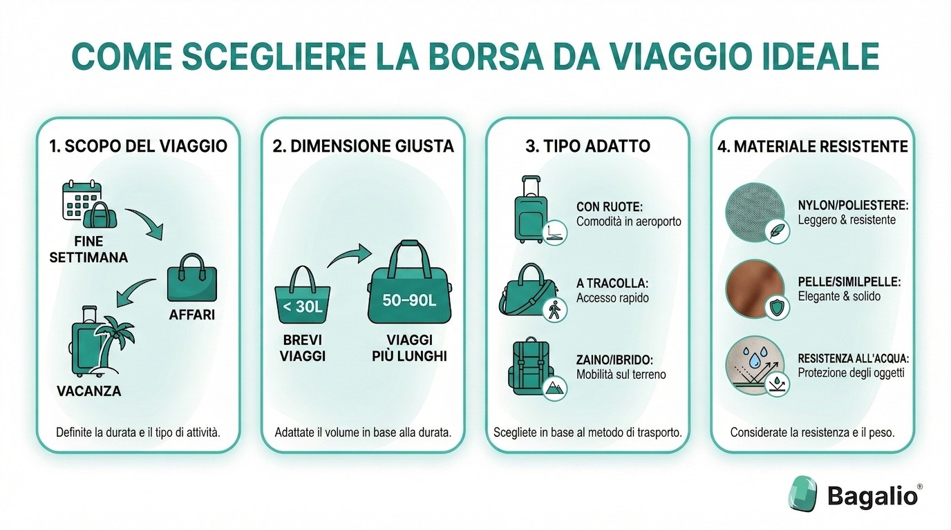 infografica: guida alla scelta della borsa da viaggio giusta in base a dimensioni, materiale e utilizzo