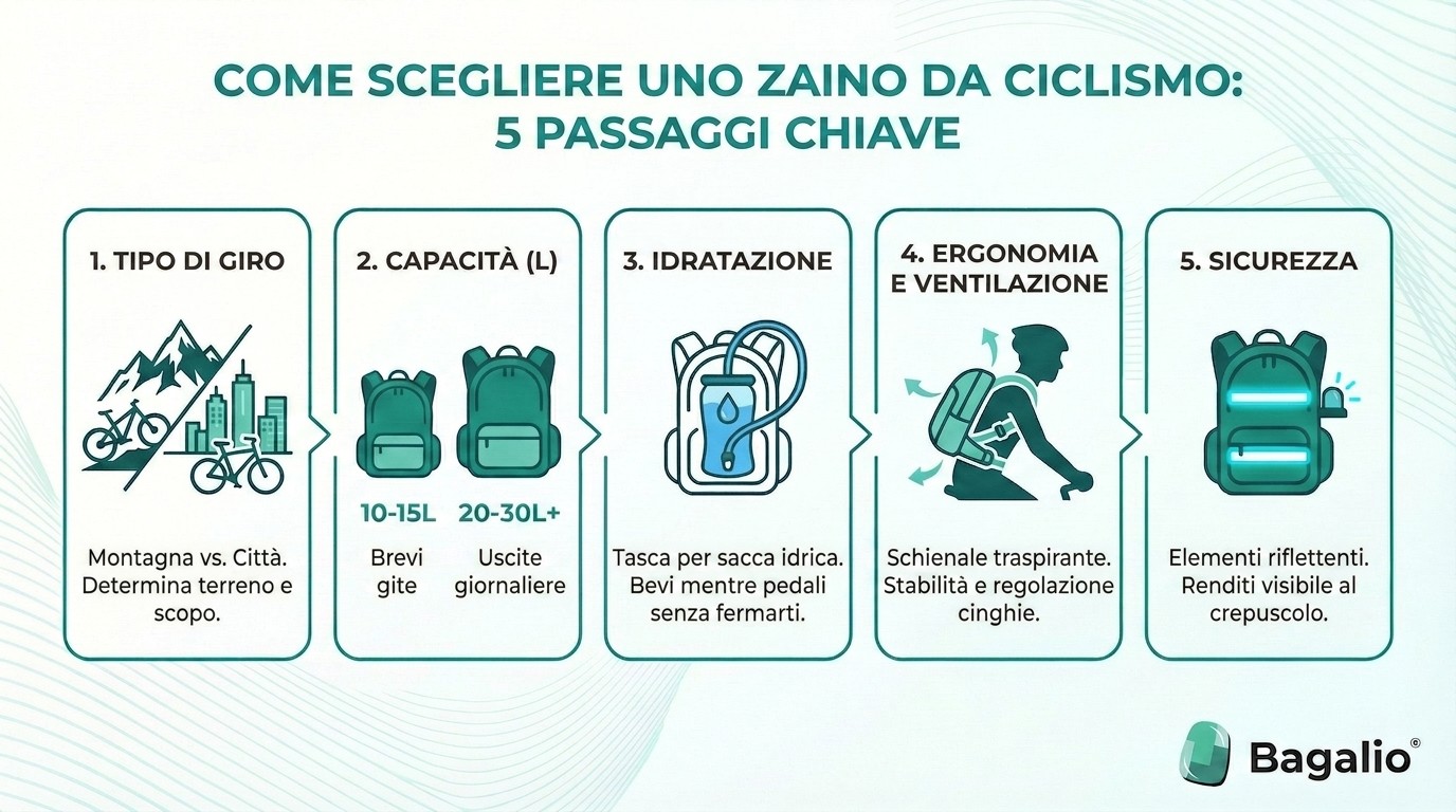 Infografica: come scegliere uno zaino da ciclismo – capacità, sistema di idratazione, ergonomia e sicurezza.