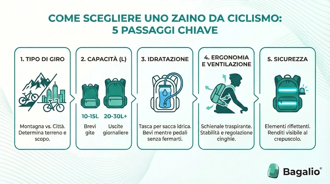 Infografica: come scegliere uno zaino da ciclismo – capacità, sistema di idratazione, ergonomia e sicurezza.