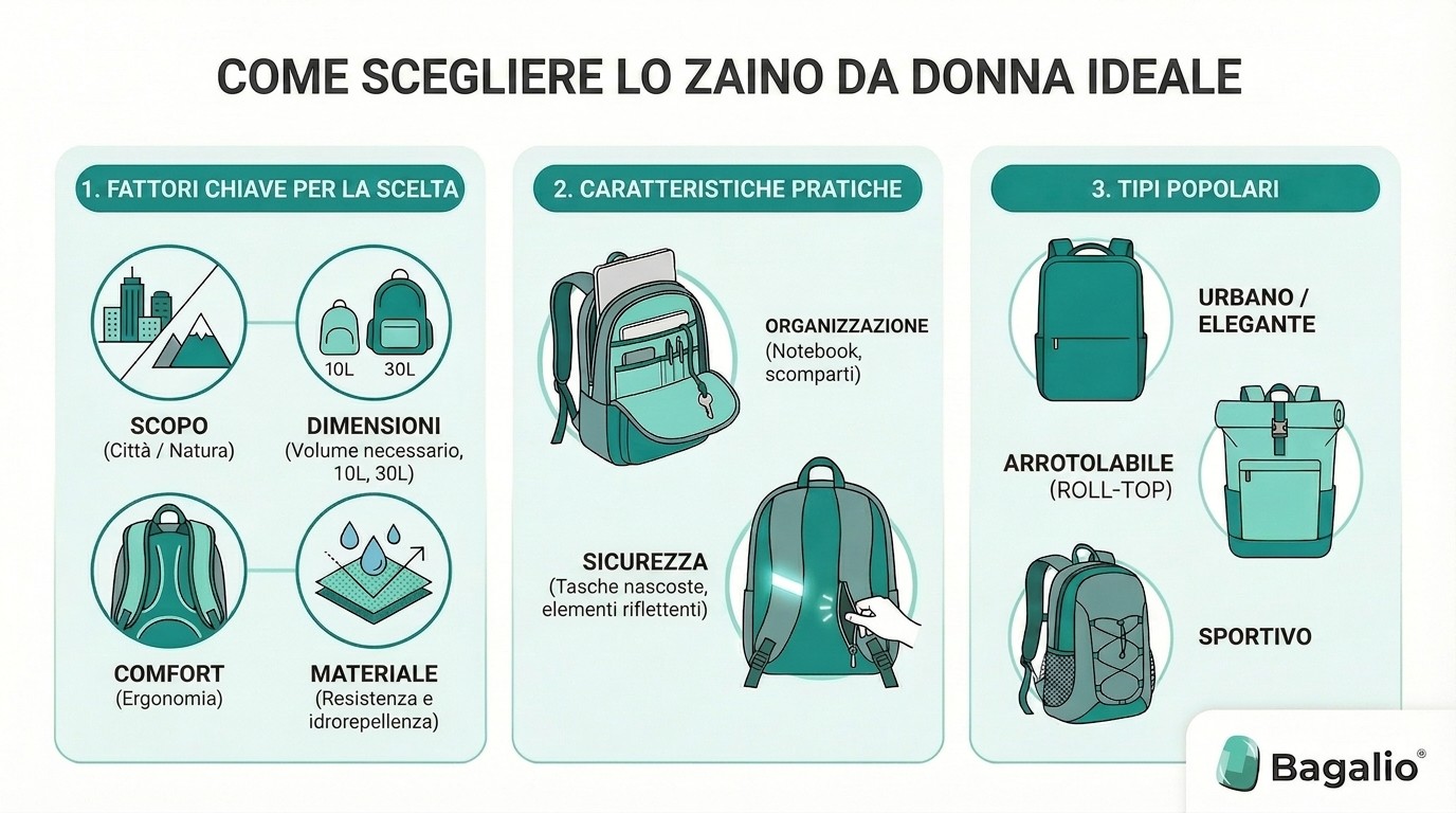 Infografica: come scegliere lo zaino da donna ideale – dimensioni, comfort e materiale