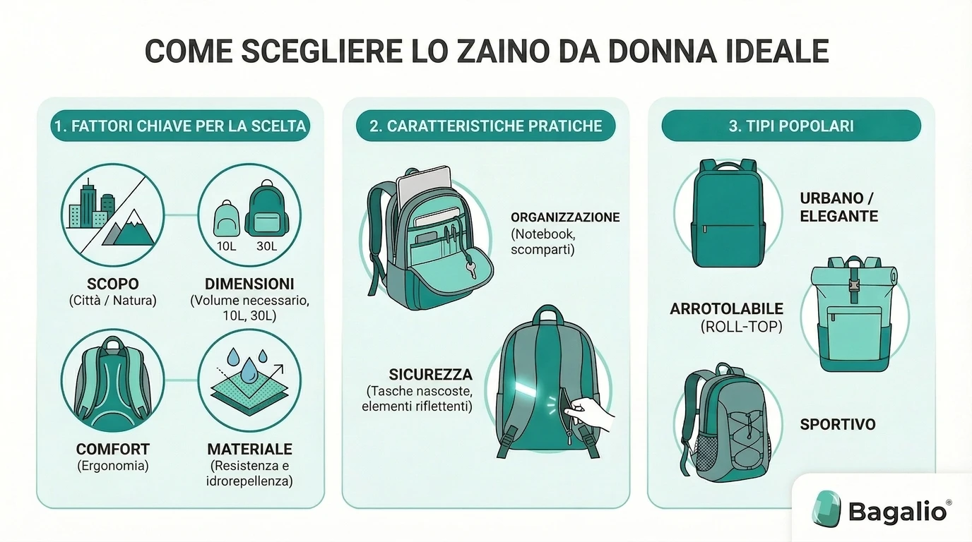 Infografica: come scegliere lo zaino da donna ideale – dimensioni, comfort e materiale