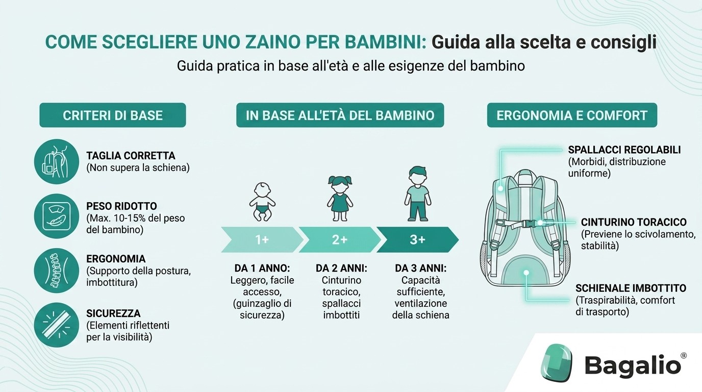 Infografica: come scegliere lo zaino per bambini in base all'età – dimensioni, peso ed ergonomia