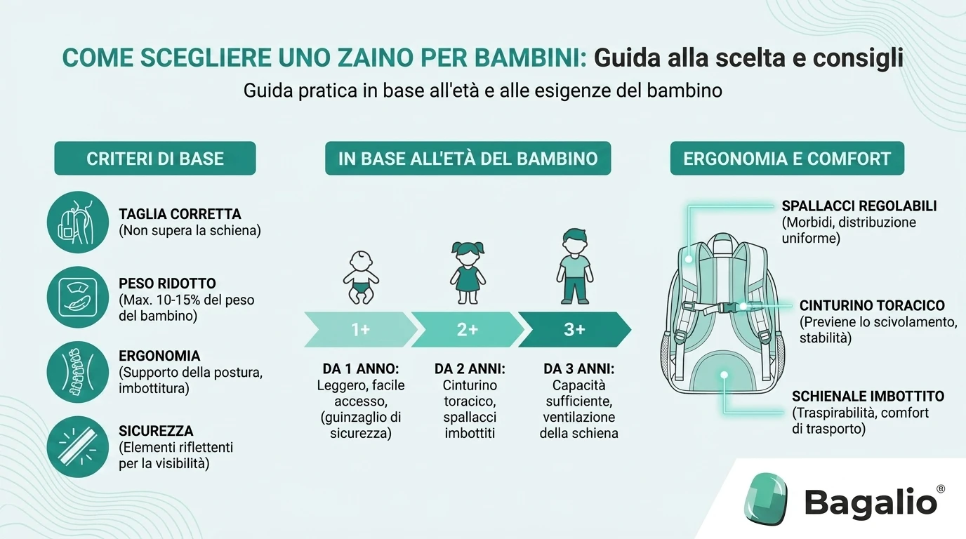 Infografica: come scegliere lo zaino per bambini in base all'età – dimensioni, peso ed ergonomia