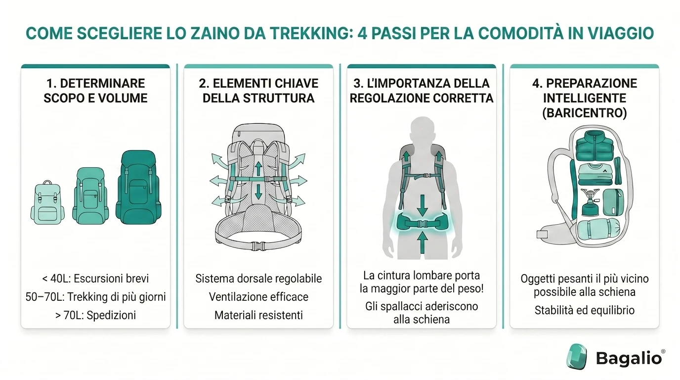 Infografica: come scegliere lo zaino da trekking in 4 passi – volume, struttura, regolazione e organizzazione
