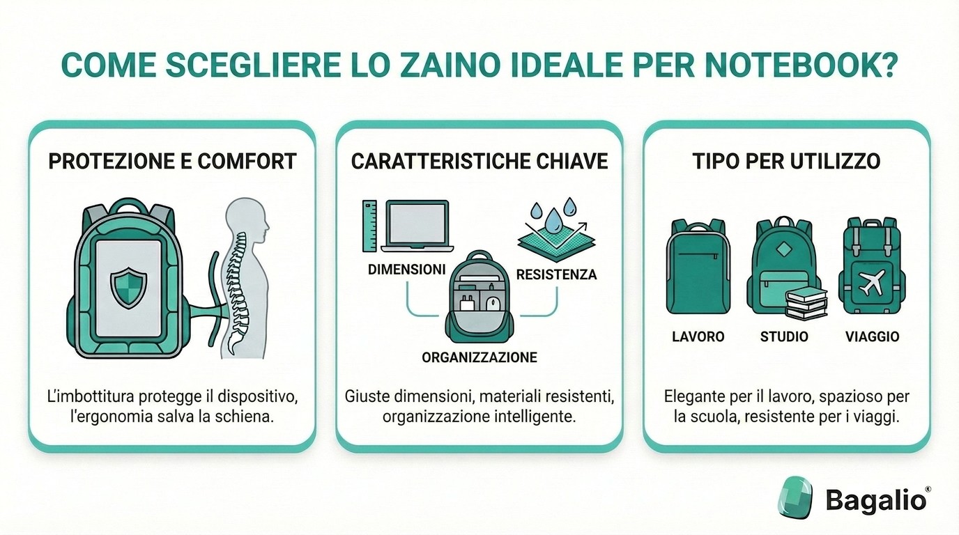 infografica: consigli per scegliere lo zaino porta PC giusto in base a dimensioni, protezione e organizzazione