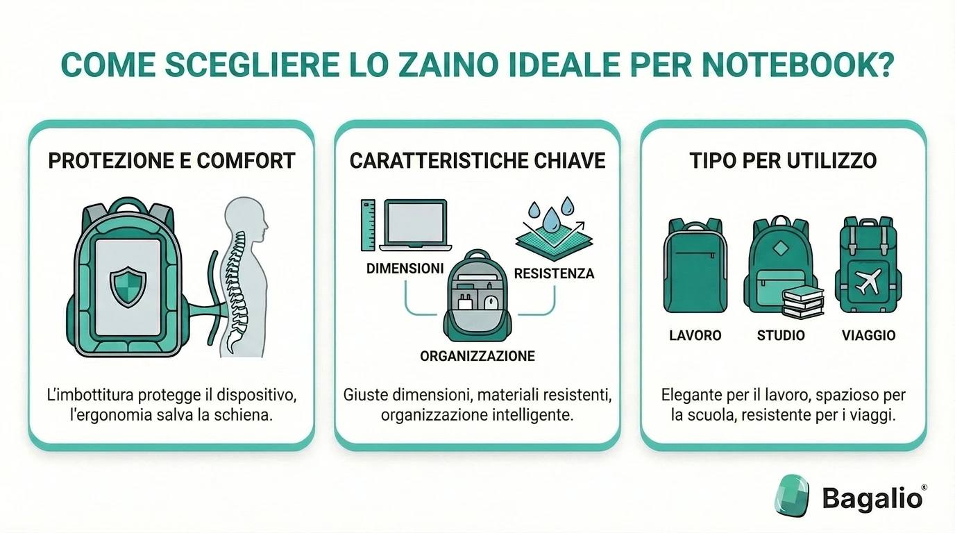 infografica: consigli per scegliere lo zaino porta PC giusto in base a dimensioni, protezione e organizzazione
