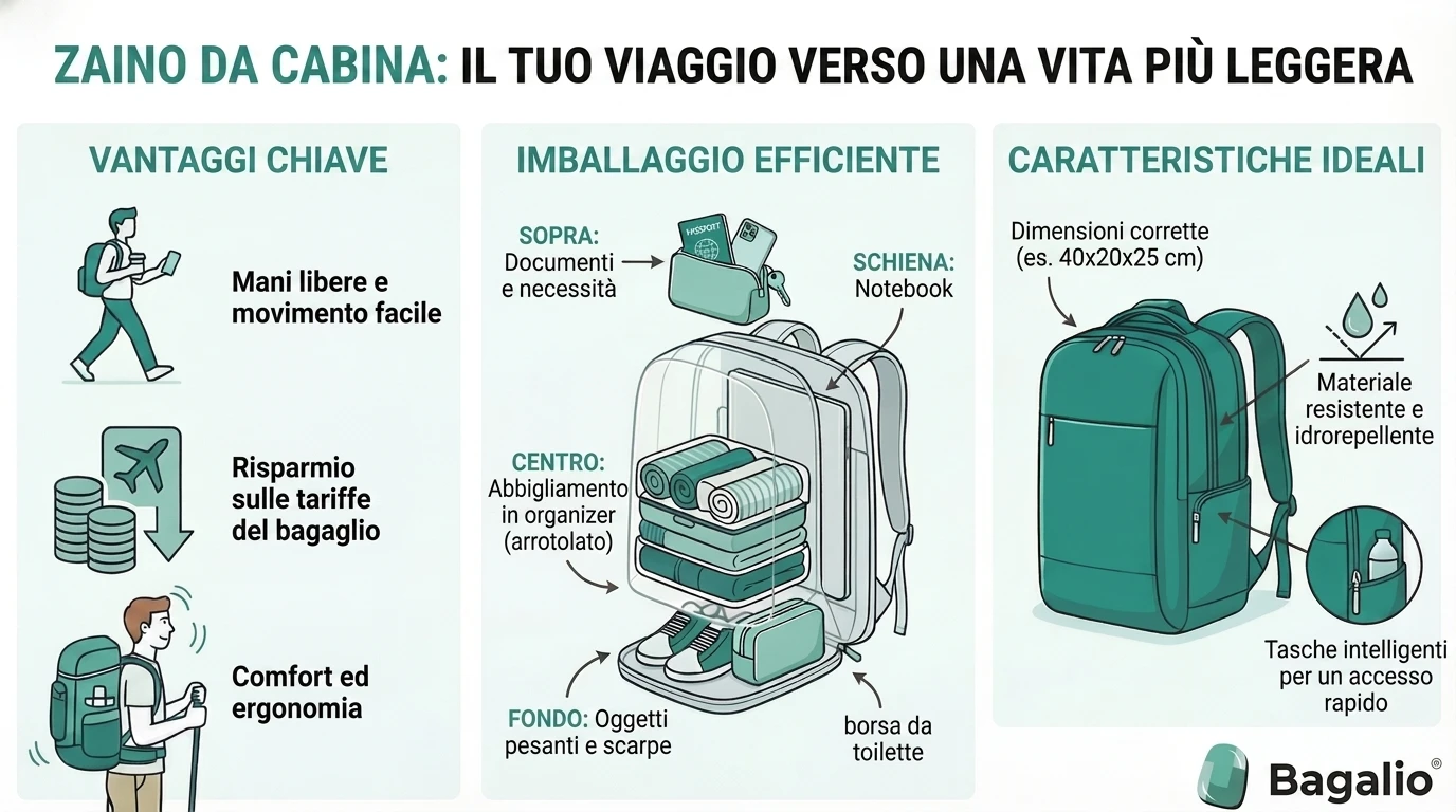 Infografica: lo zaino da cabina come alternativa alla valigia – vantaggi, organizzazione e dimensioni