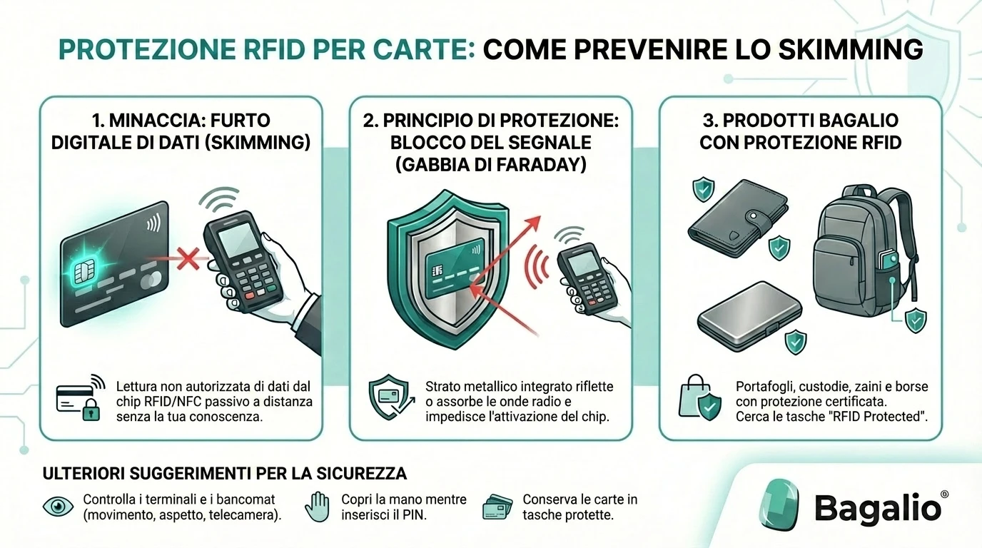 Infografica sulla protezione RFID delle carte e sulla prevenzione dello skimming, di Bagalio.