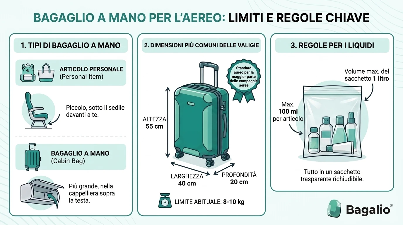 Infografica: dimensioni e peso consentiti del bagaglio a mano in aereo secondo le principali compagnie aeree.