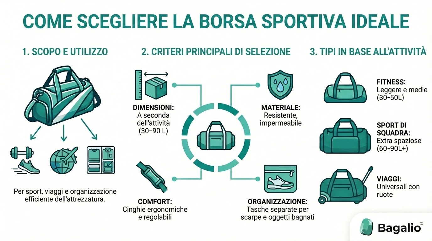Infografica: come scegliere la borsa sportiva ideale in base all'uso, alle dimensioni e al materiale.
