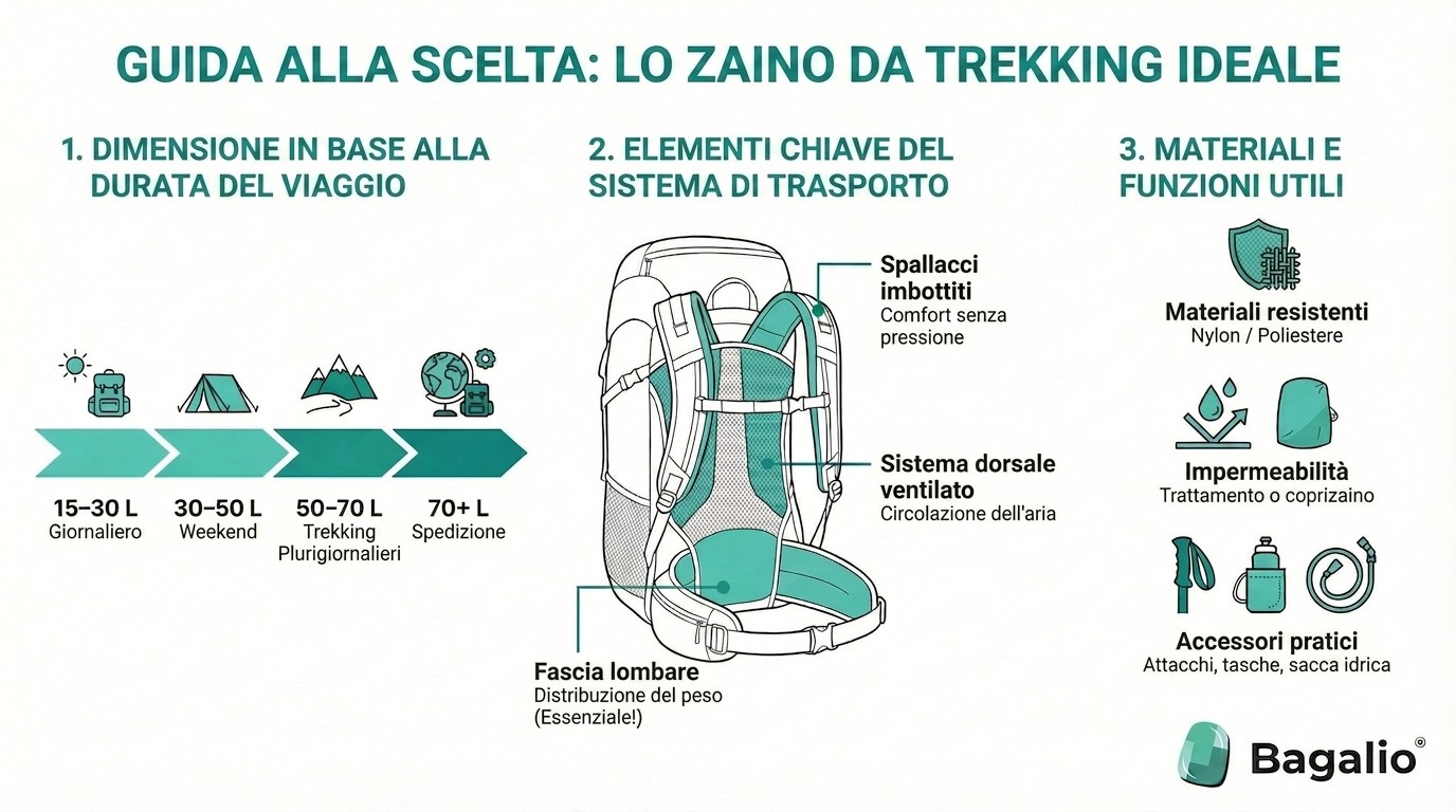 Infografica: come scegliere lo zaino da trekking ideale – volume, sistema di trasporto e materiale