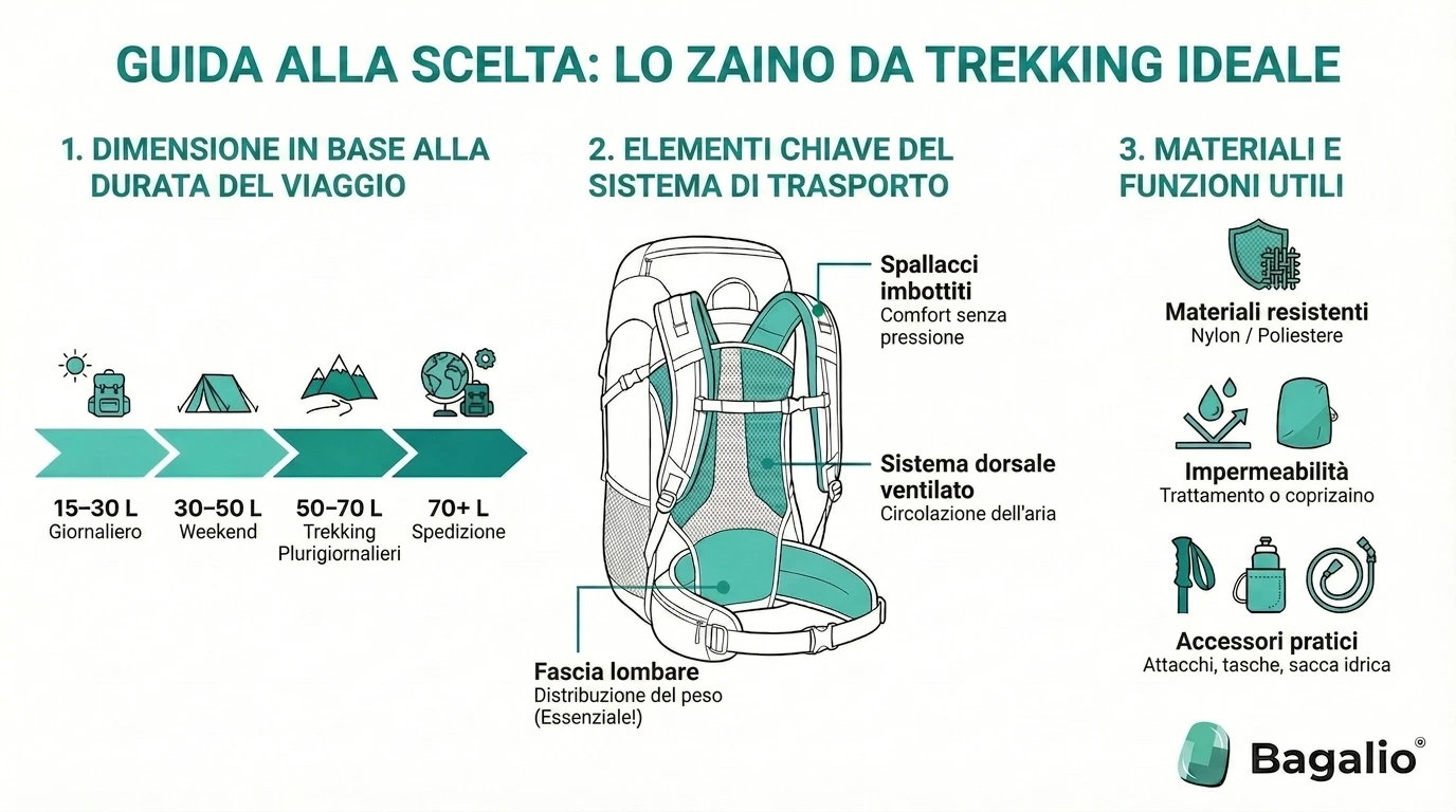 Infografica: come scegliere lo zaino da trekking ideale – volume, sistema di trasporto e materiale