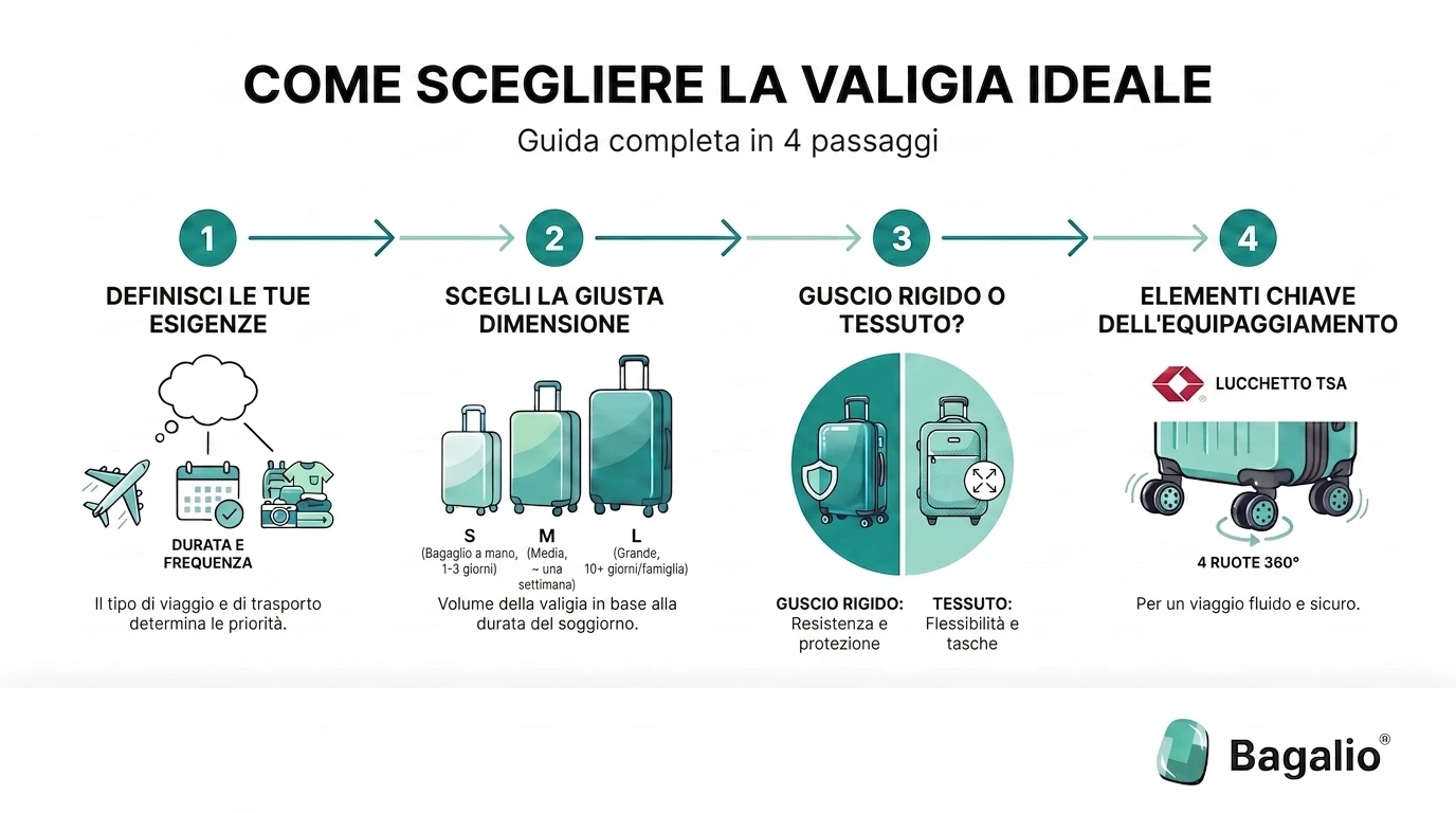 Infografica: come scegliere la valigia da viaggio in 4 passi – esigenze, dimensioni, materiale e dotazioni