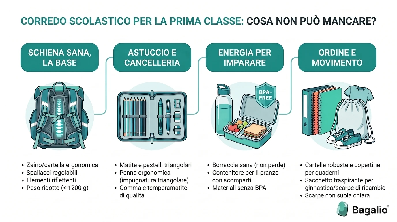 Infografica con l'elenco del materiale scolastico per la prima elementare